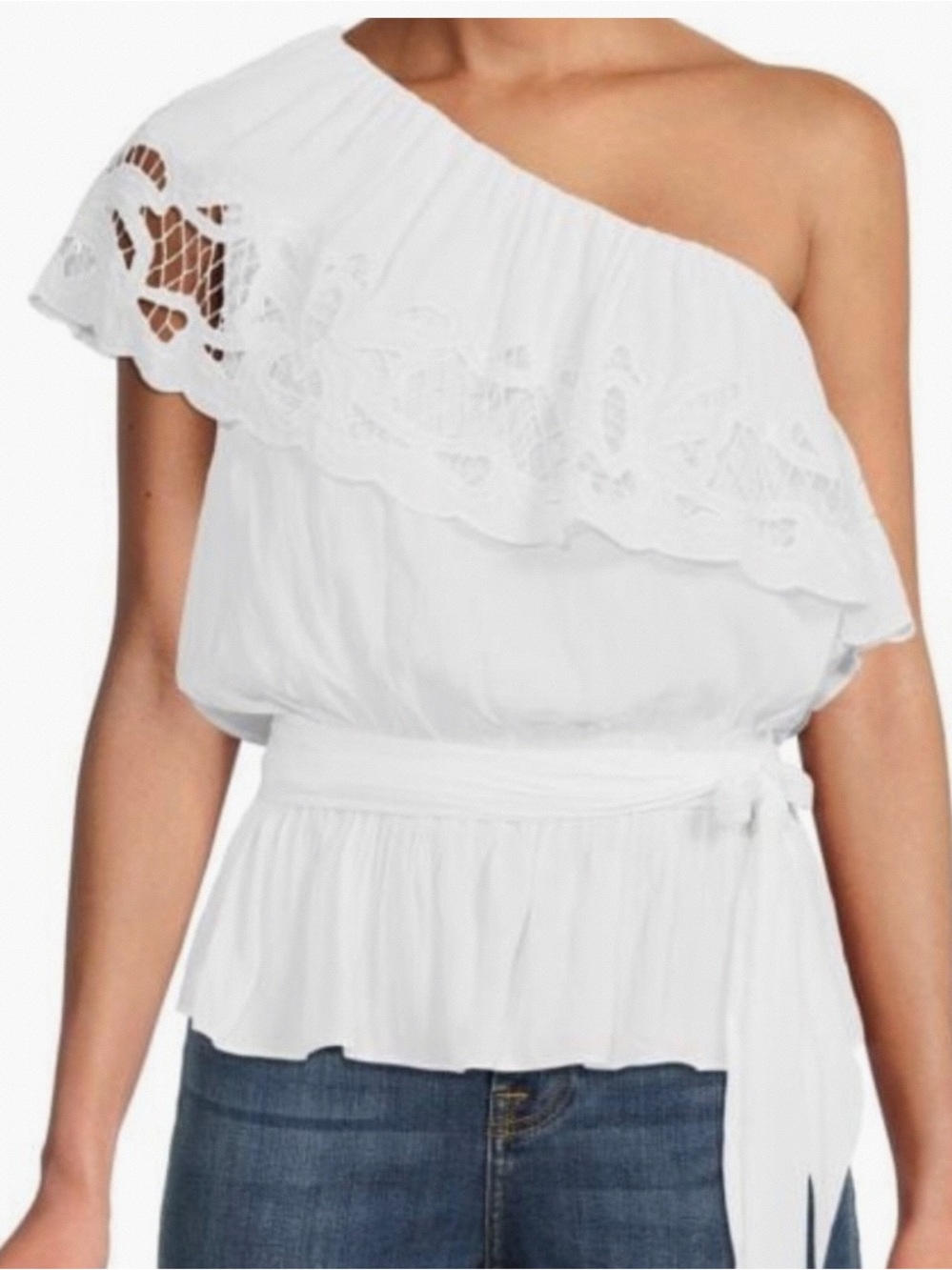 Army Brook One-Shoulder White Ruffle Waist Tie Top
